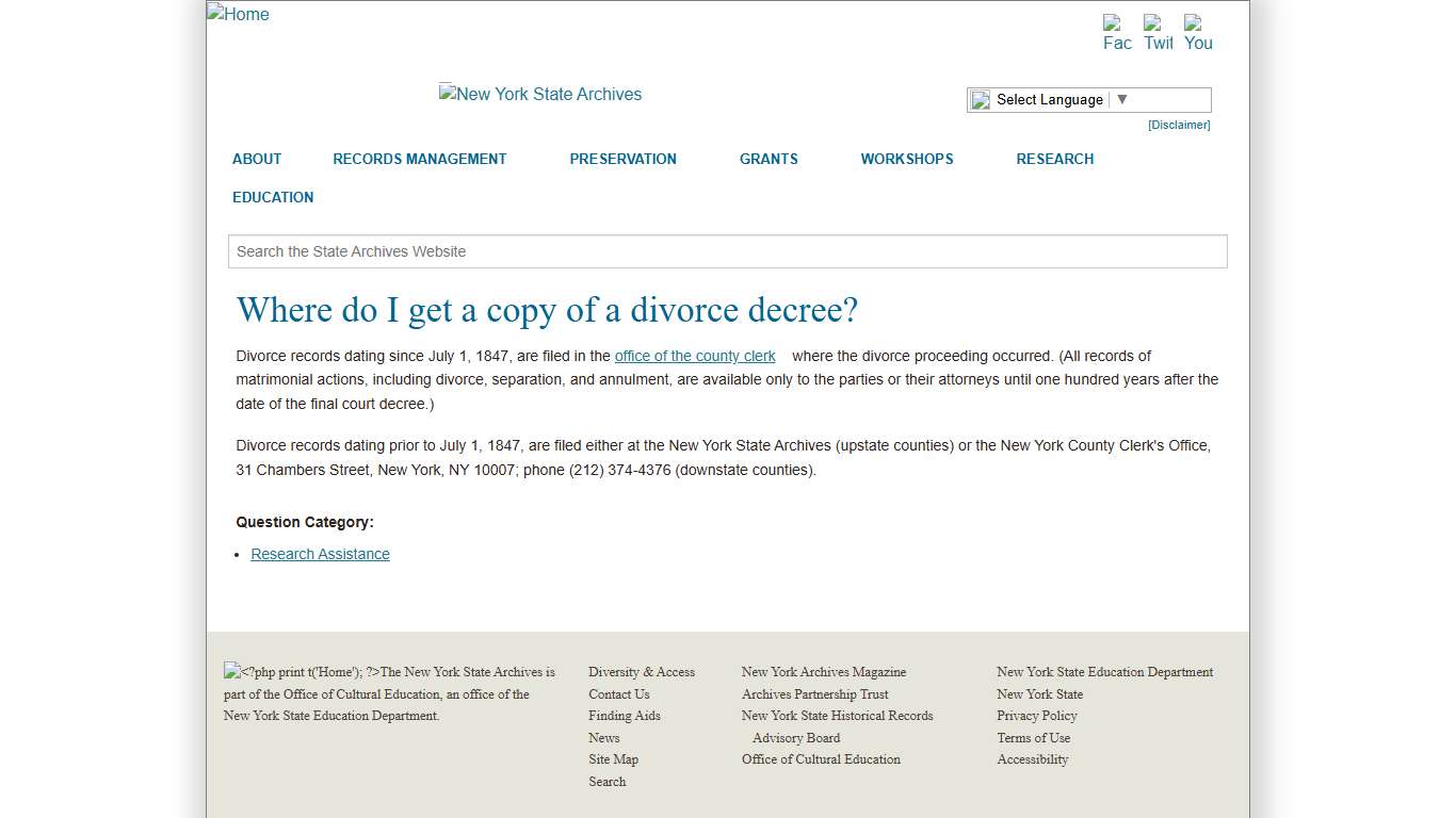 Where do I get a copy of a divorce decree? | New York State Archives